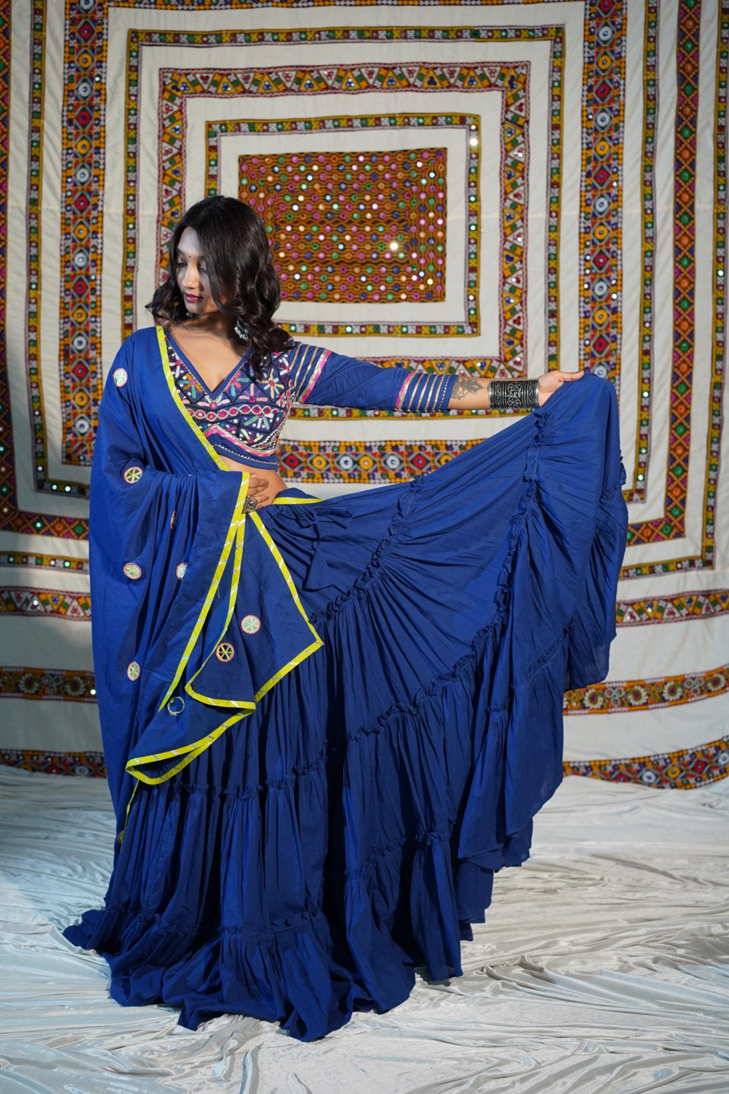 Royal Blue 18-Meter Flare Chaniya Choli with Kutchi Heritage Blouse & Mirror Kukri Dupatta – Navratri 2025