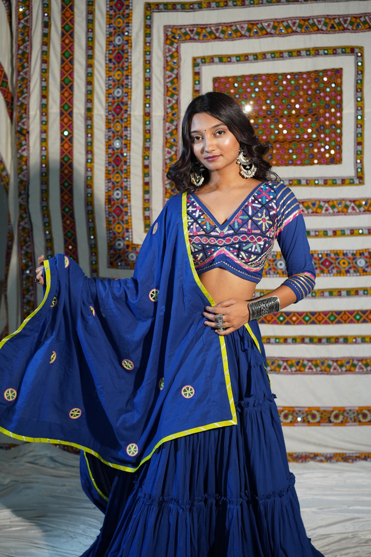 Royal Blue 18-Meter Flare Chaniya Choli with Kutchi Heritage Blouse & Mirror Kukri Dupatta – Navratri 2025