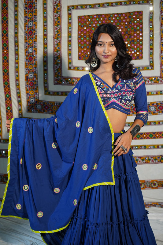 Royal Blue 18-Meter Flare Chaniya Choli with Kutchi Heritage Blouse & Mirror Kukri Dupatta – Navratri 2025
