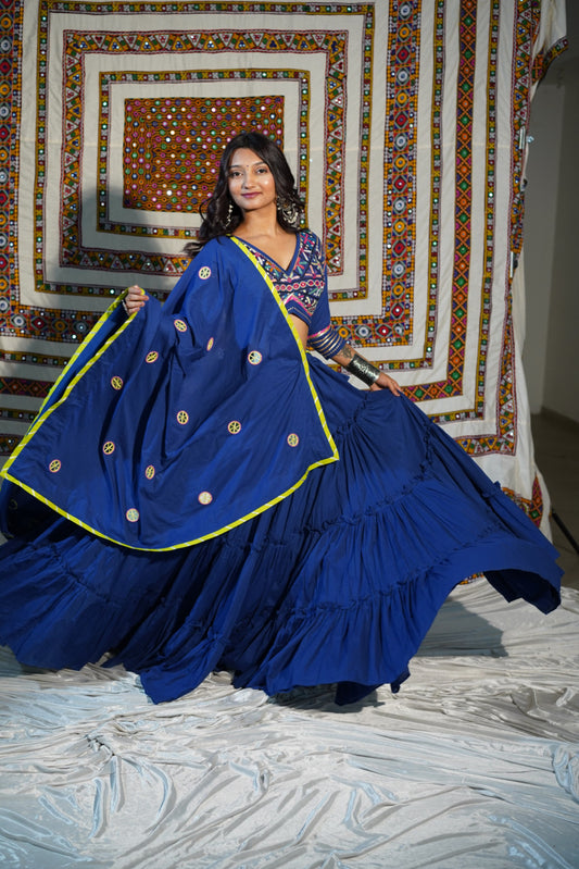 Royal Blue 18-Meter Flare Chaniya Choli with Kutchi Heritage Blouse & Mirror Kukri Dupatta – Navratri 2025