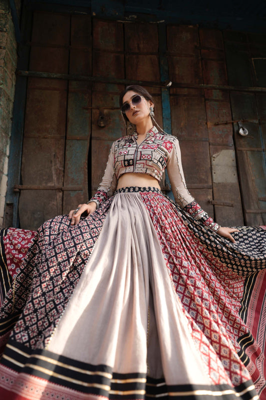 Ajrakh Chaniya Choli 2025, Khadi Cotton Navratri Jacket Blouse, 12 Meter Flare Skirt, Navratri 2025 Lehenga, Mirror Coin Shell Work Blouse, Ajrakh Garba Outfit, Designer Chaniya Choli, Handcrafted Navratri Wear, Navratri Jacket Choli, Glam Girl by Aarti Lata, Modern Traditional Garba Look
