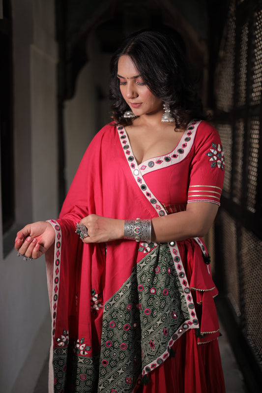 Rani Pink Patola Chaniya Choli Set with Mirror Work