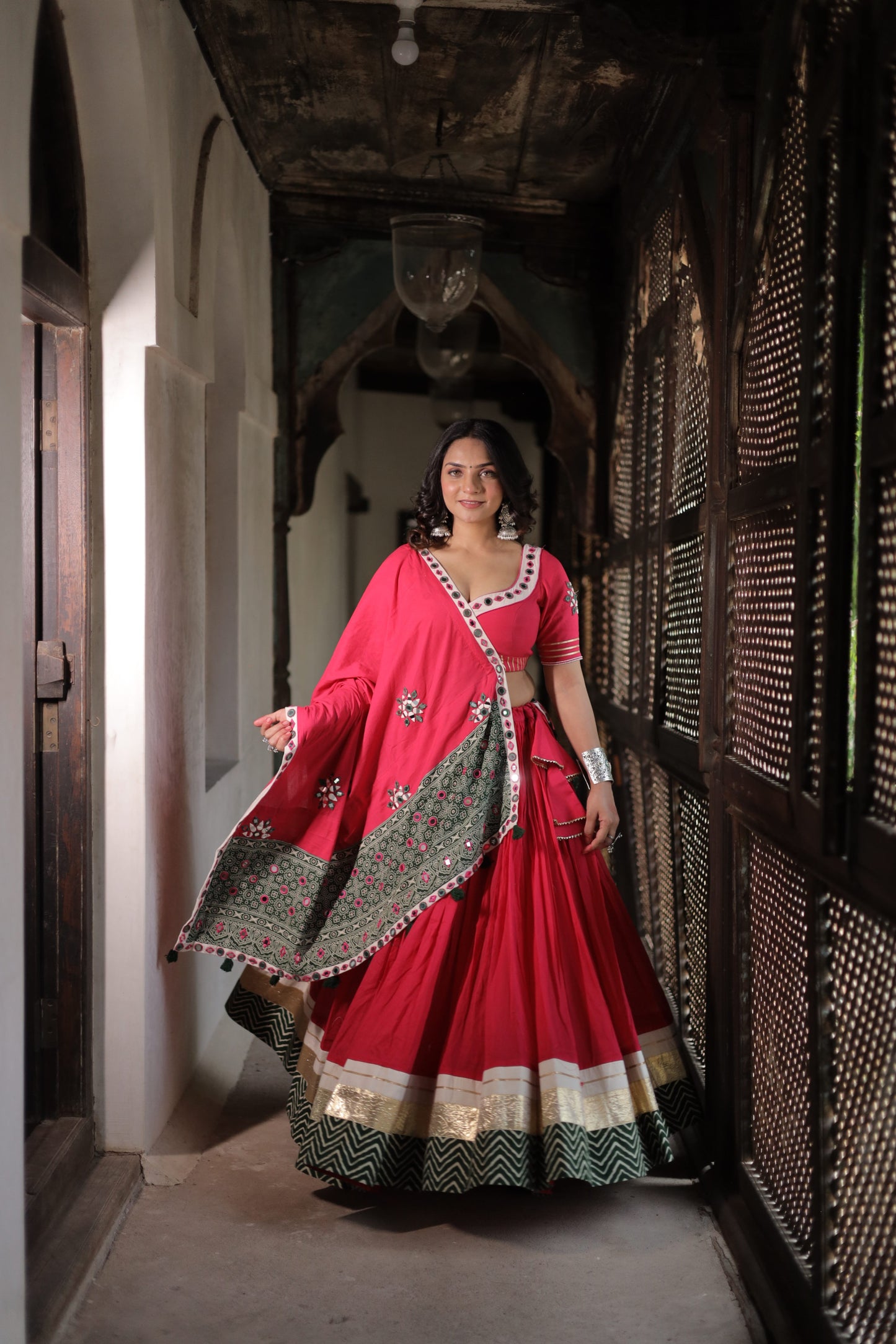 Rani Pink Patola Chaniya Choli Set with Mirror Work