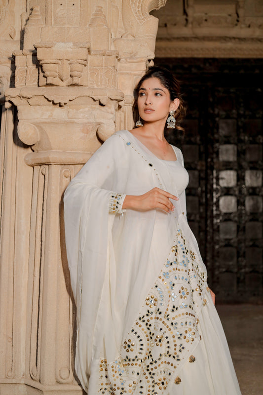 Ivory White Heavy Daman Dupatta Navratri Chaniya Choli