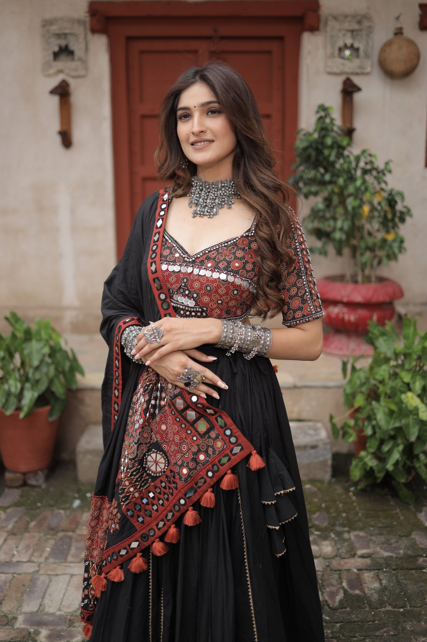 Black Ajrakh Handcrafted Navratri Lehenga Set with Antique Mirror, Coin & Antique Work Dupatta - Raas 2025