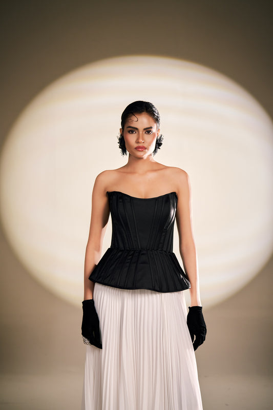 Black Sculpted Corset Gown with Ivory Pleated Fall | Modern Luxury Evening Wear