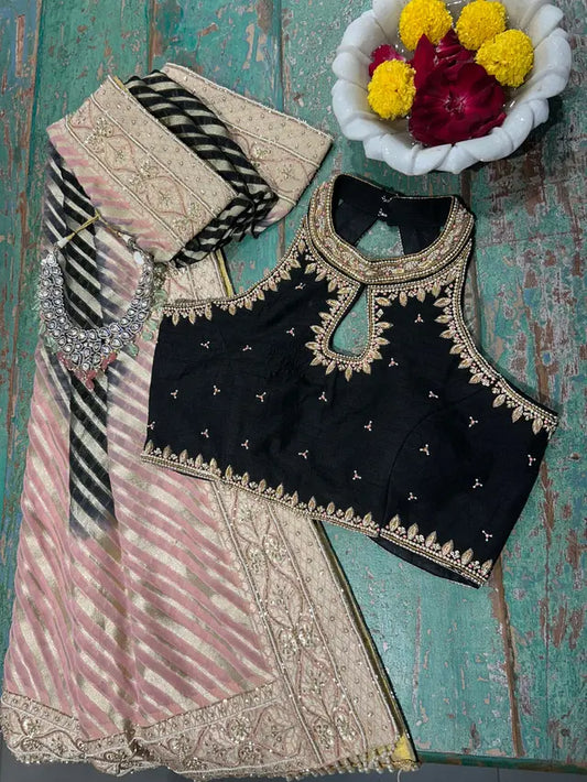 Baby Pink and Black Pure Moga Silk Dupatta & Blouse Set with Handwork