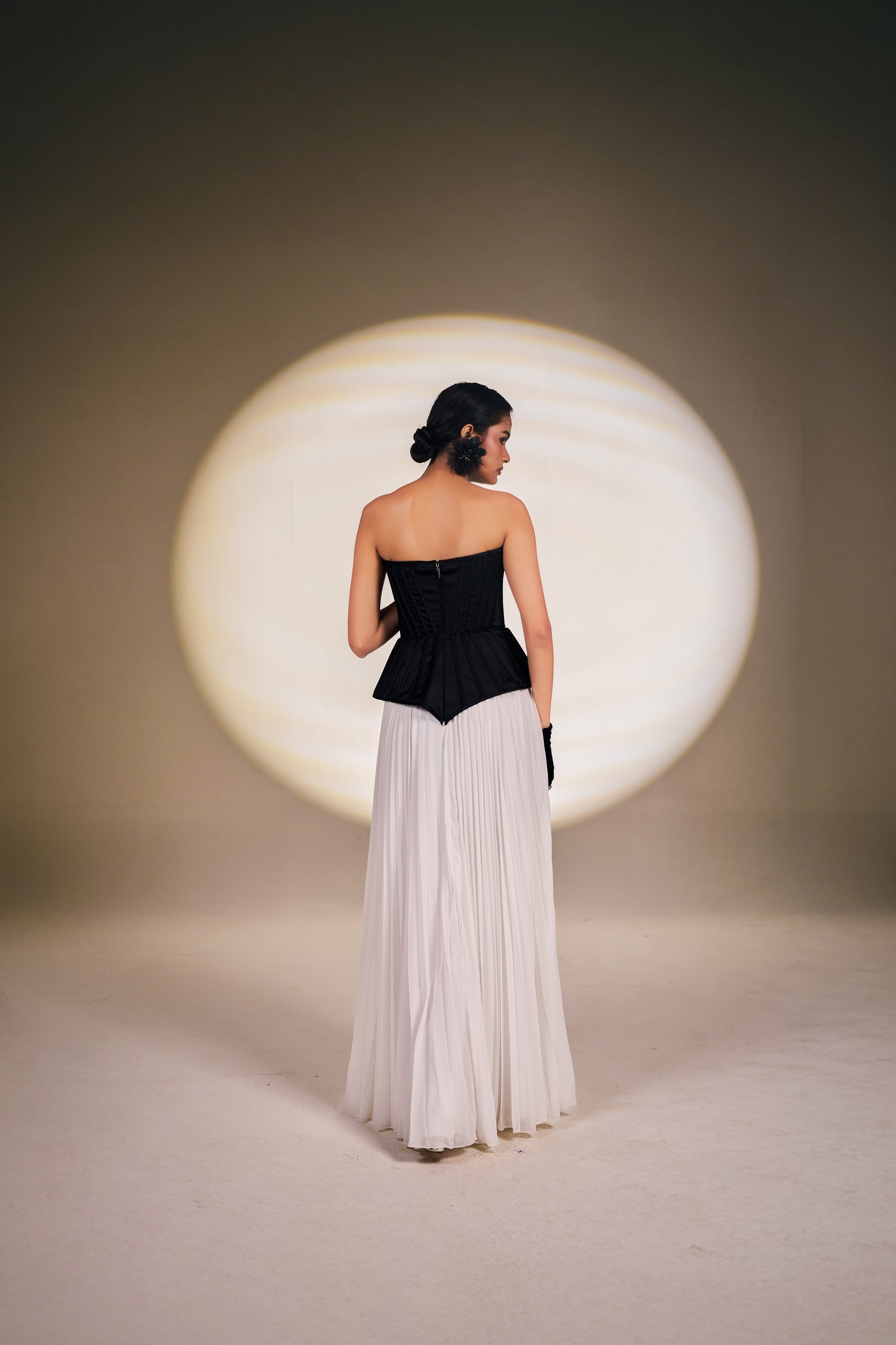 Black Sculpted Corset Gown with Ivory Pleated Fall | Modern Luxury Evening Wear
