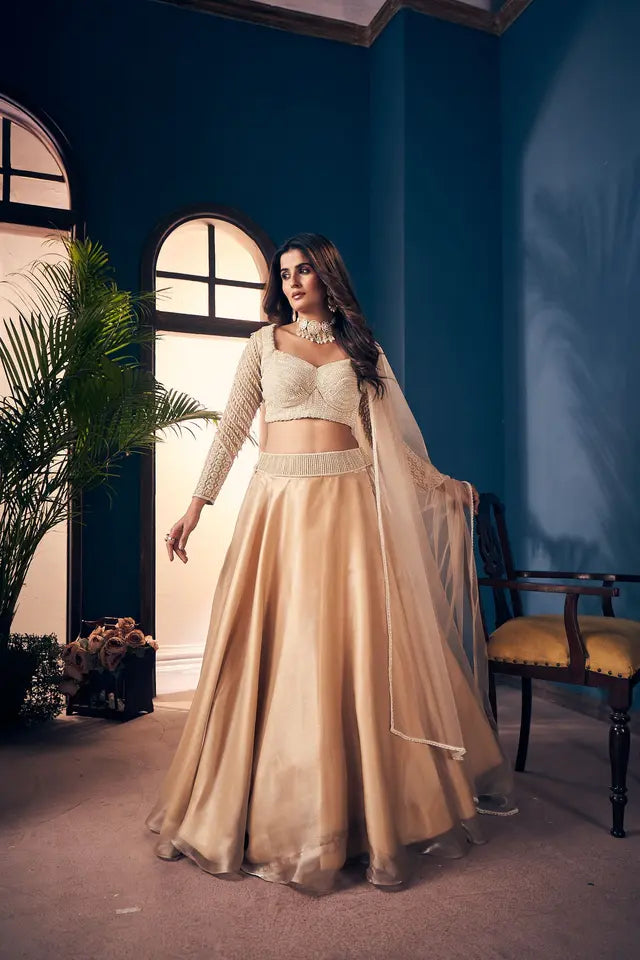 Gold Cream Pearl Lehenga