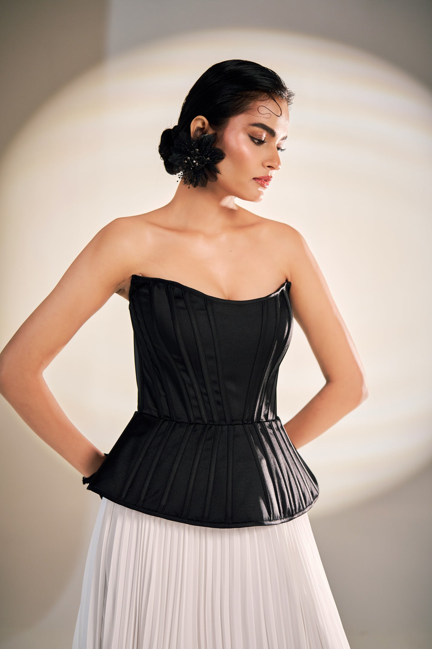 Black Sculpted Corset Gown with Ivory Pleated Fall | Modern Luxury Evening Wear