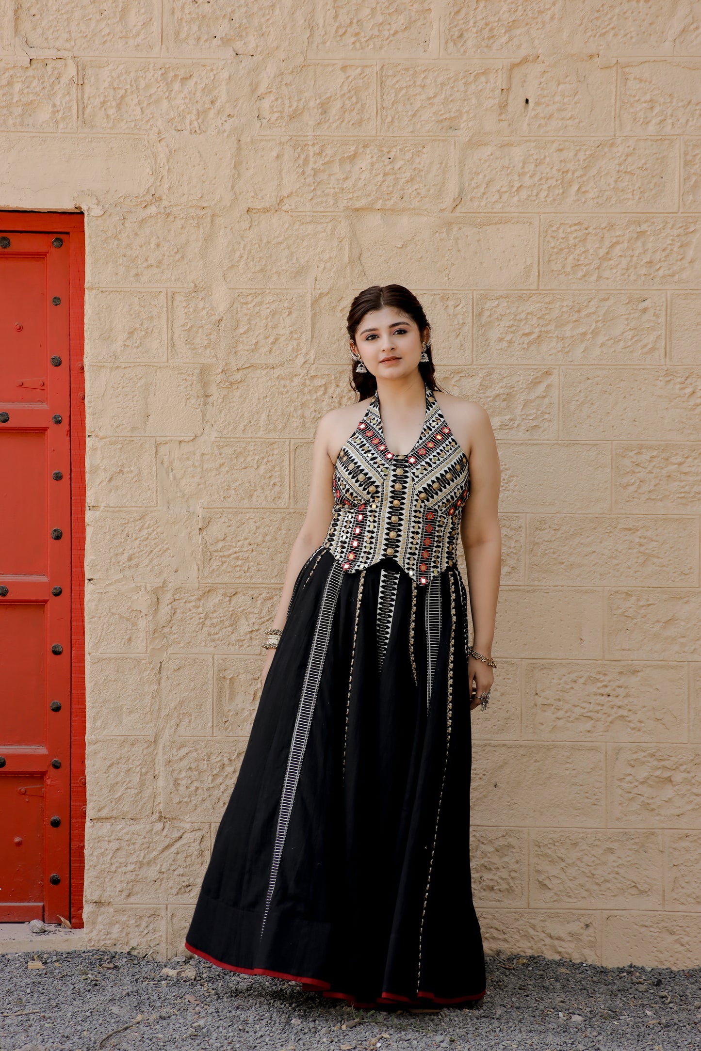 Classic Black Jute Waistcoat Navratri Chaniya Set