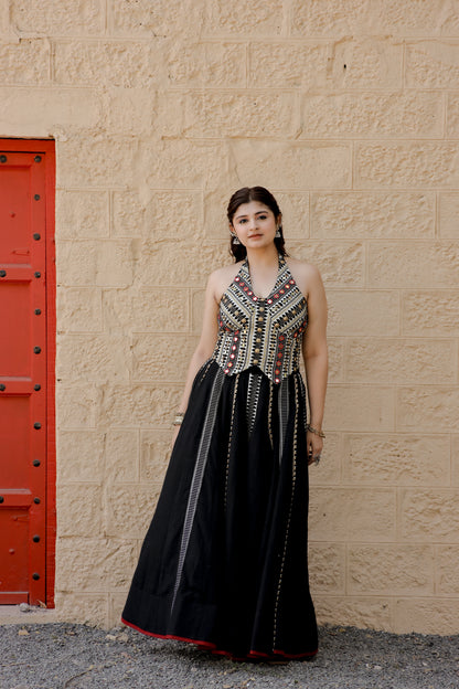 Classic Black Jute Waistcoat Navratri Chaniya Set