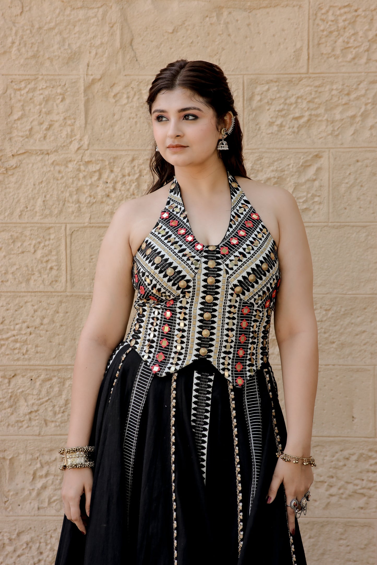Classic Black Jute Waistcoat Navratri Chaniya Set