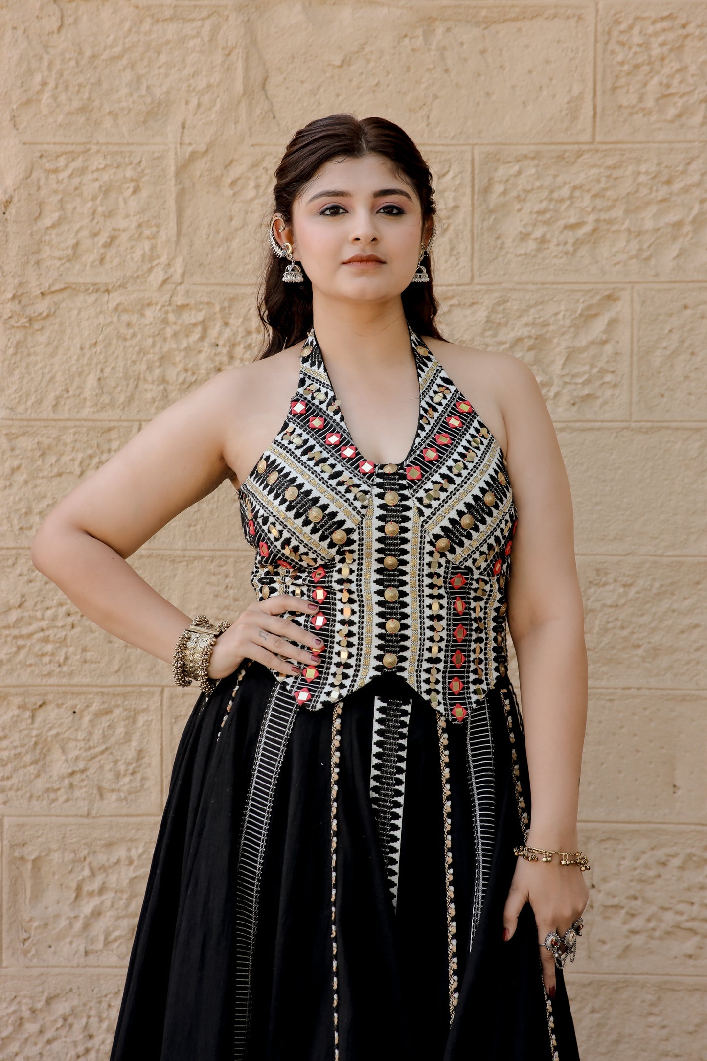 Classic Black Jute Waistcoat Navratri Chaniya Set