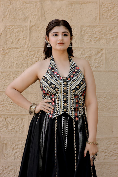 Classic Black Jute Waistcoat Navratri Chaniya Set