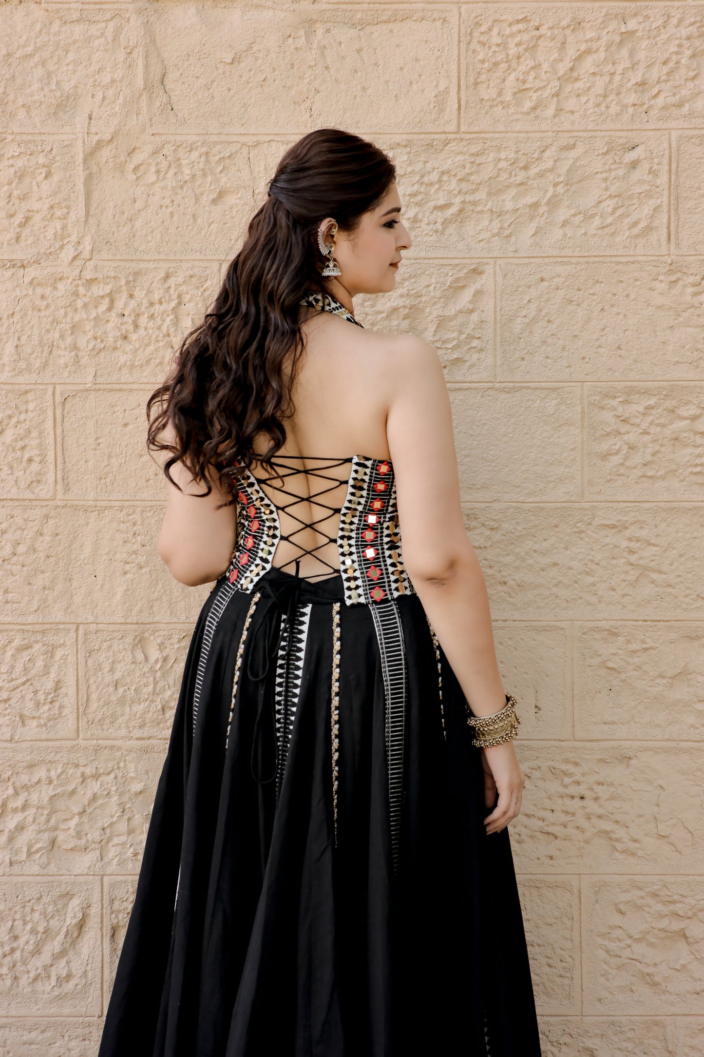 Classic Black Jute Waistcoat Navratri Chaniya Set