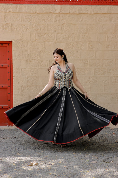 Classic Black Jute Waistcoat Navratri Chaniya Set