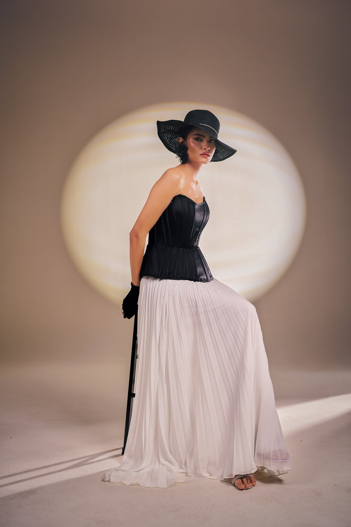 Black Sculpted Corset Gown with Ivory Pleated Fall | Modern Luxury Evening Wear