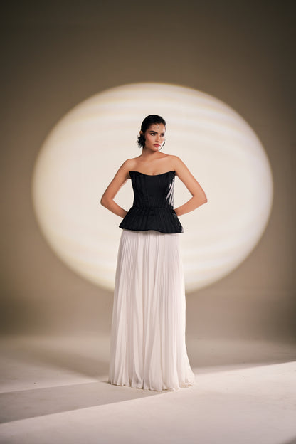 Black Sculpted Corset Gown with Ivory Pleated Fall | Modern Luxury Evening Wear