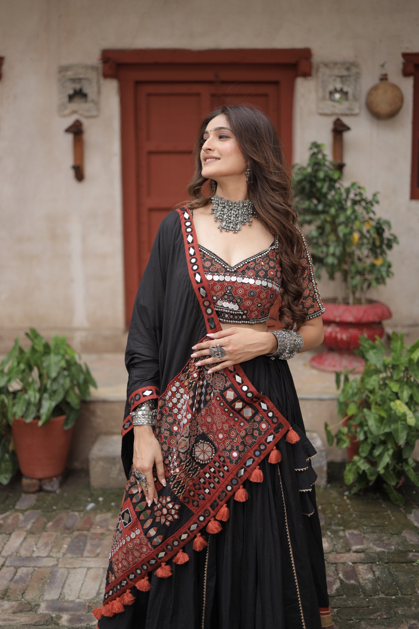 Black Ajrakh Handcrafted Navratri Lehenga Set with Antique Mirror, Coin & Antique Work Dupatta - Raas 2025