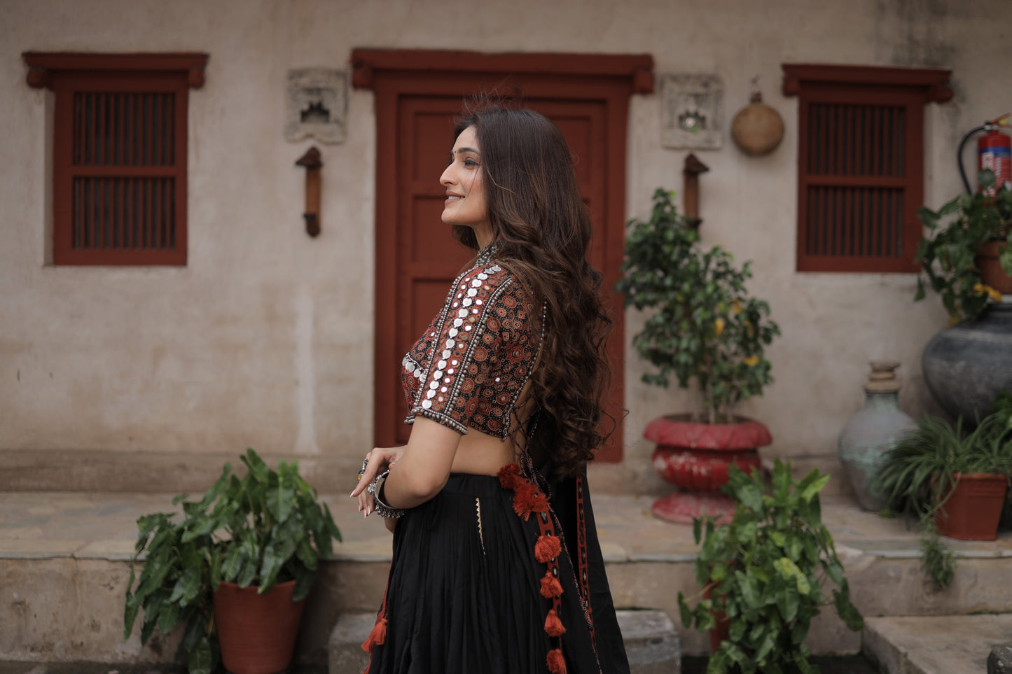 Black Ajrakh Handcrafted Navratri Lehenga Set with Antique Mirror, Coin & Antique Work Dupatta - Raas 2025