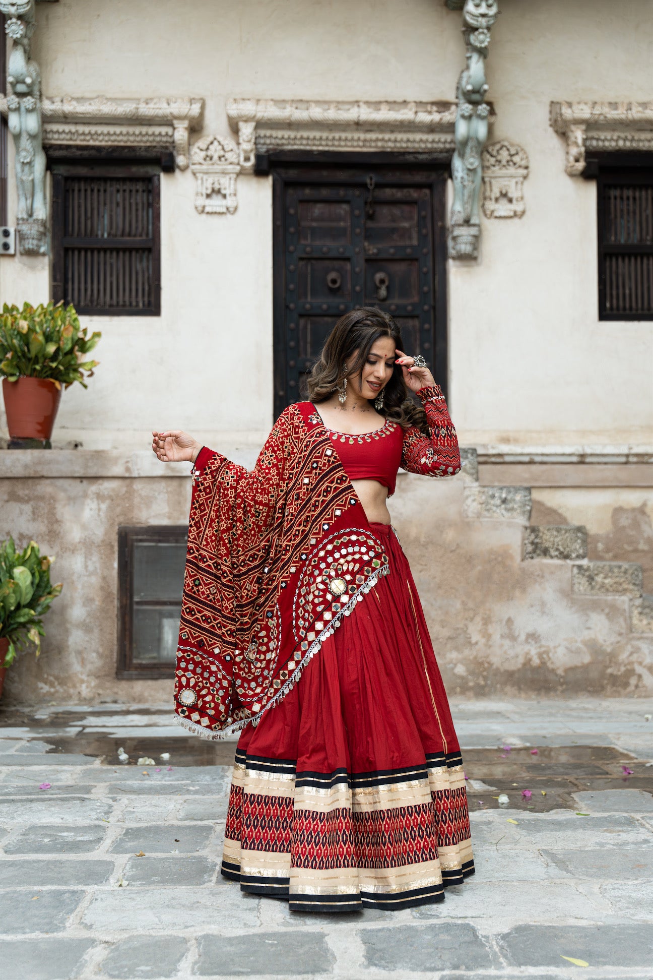 Raas| Handcrafted Deep Red Mul Cotton Navratri Lehenga Set with Bandhani Mirrorwork Dupatta