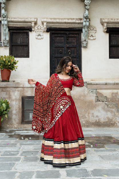 Raas| Handcrafted Deep Red Mul Cotton Navratri Lehenga Set with Bandhani Mirrorwork Dupatta