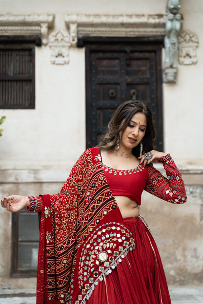 Raas| Handcrafted Deep Red Mul Cotton Navratri Lehenga Set with Bandhani Mirrorwork Dupatta