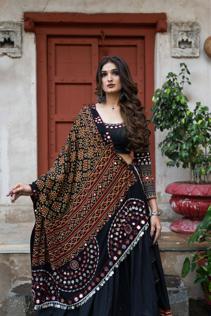 Black Mul Cotton Navratri Lehenga Set With Patoda Mirrorwork Dupatta & Hand-Embroidered Blouse|RAAS