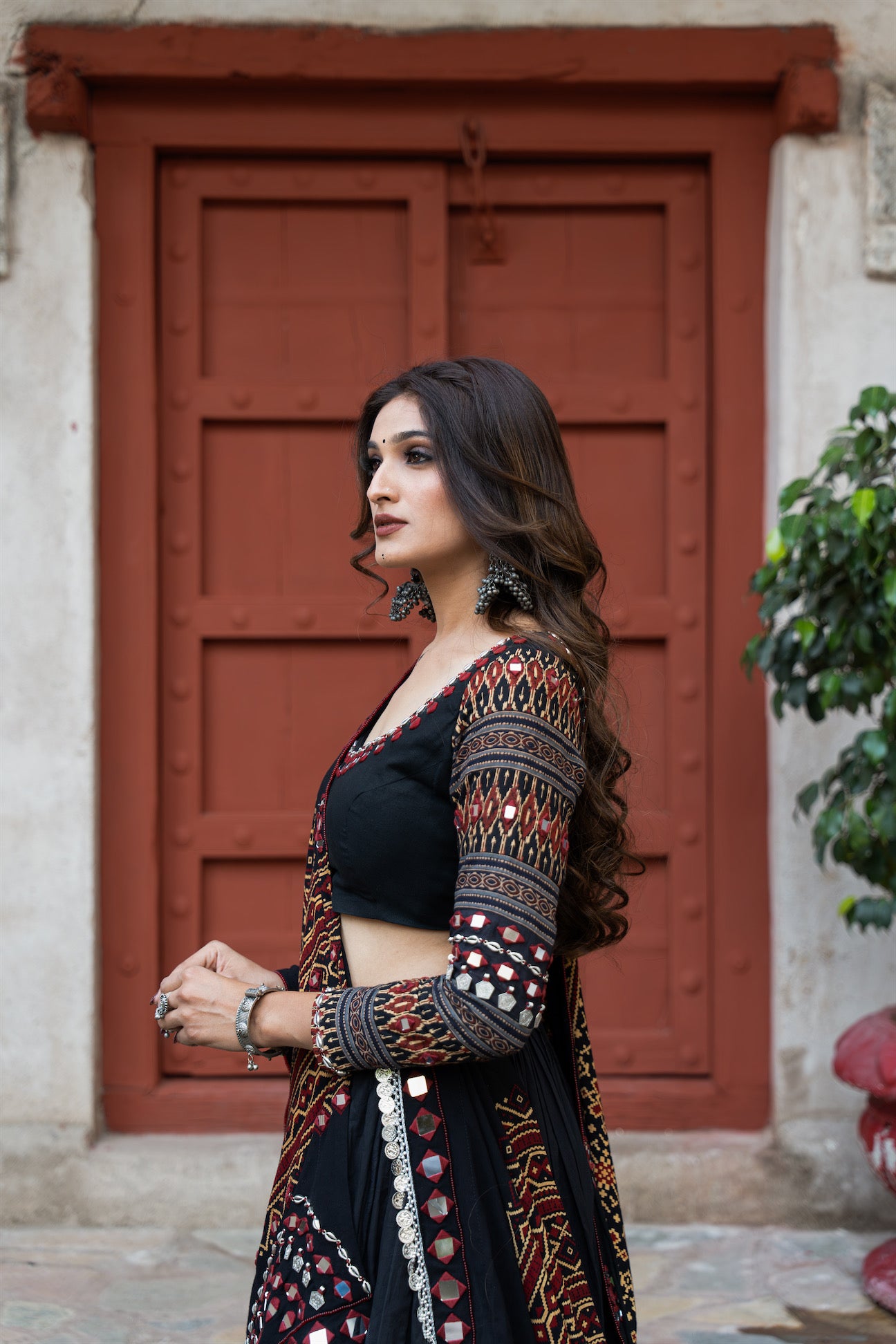 Black Mul Cotton Navratri Lehenga Set With Patoda Mirrorwork Dupatta & Hand-Embroidered Blouse|RAAS