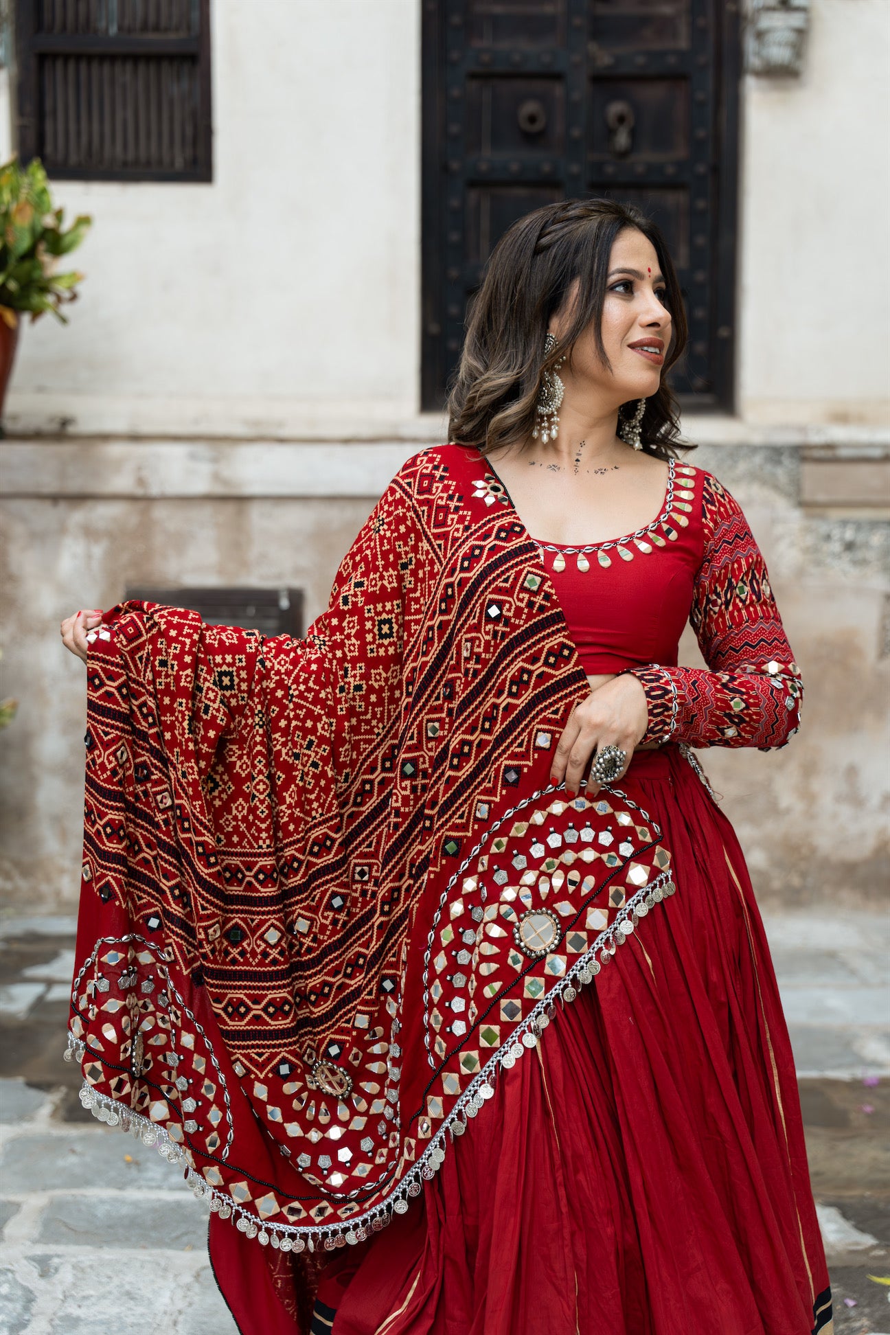 Raas| Handcrafted Deep Red Mul Cotton Navratri Lehenga Set with Bandhani Mirrorwork Dupatta