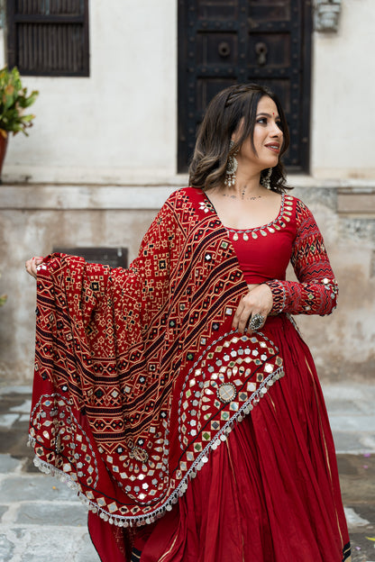 Raas| Handcrafted Deep Red Mul Cotton Navratri Lehenga Set with Bandhani Mirrorwork Dupatta