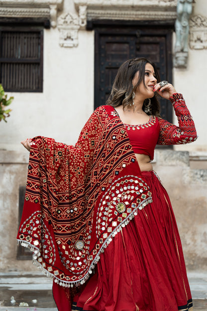Raas| Handcrafted Deep Red Mul Cotton Navratri Lehenga Set with Bandhani Mirrorwork Dupatta