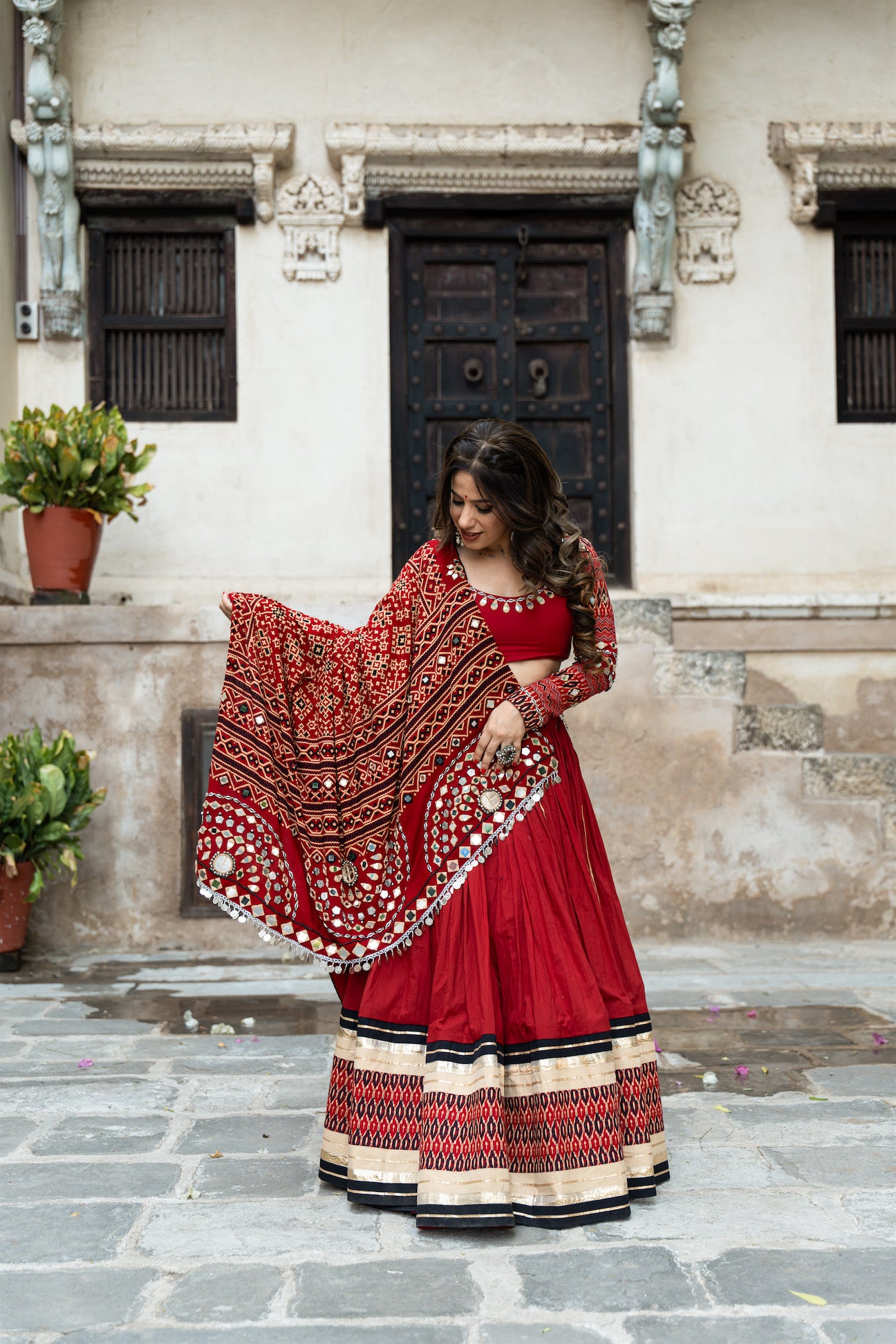 Raas| Handcrafted Deep Red Mul Cotton Navratri Lehenga Set with Bandhani Mirrorwork Dupatta