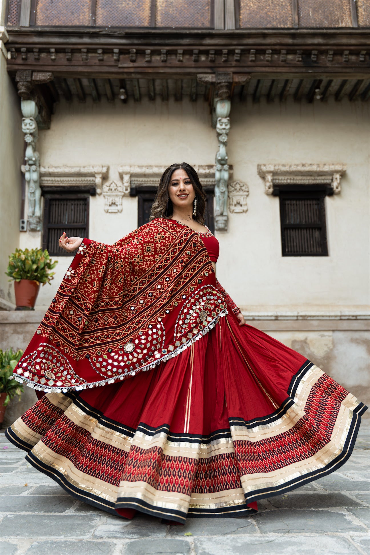 Raas| Handcrafted Deep Red Mul Cotton Navratri Lehenga Set with Bandhani Mirrorwork Dupatta