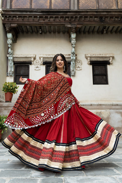 Raas| Handcrafted Deep Red Mul Cotton Navratri Lehenga Set with Bandhani Mirrorwork Dupatta