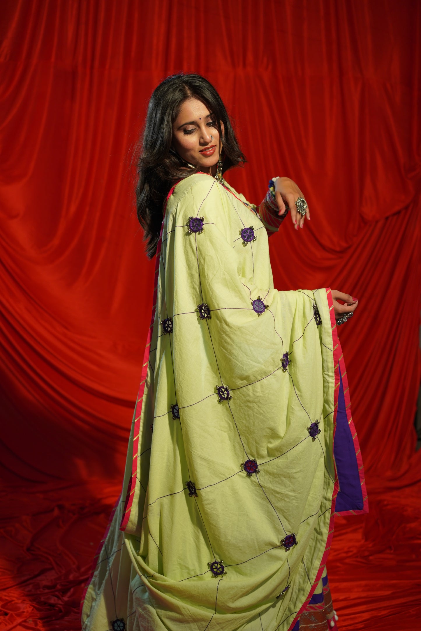 Lime Green Kachi Work Navratri Chaniya Choli with Mirror Dupatta – 12 Meter Flare | 2025 Collection