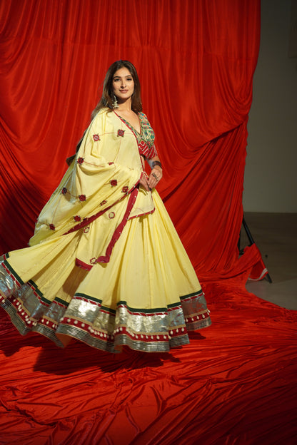Lemon Yellow Kachi Work Navratri Chaniya Choli with Mirror Dupatta – 12 Meter Flare | 2025 Collection
