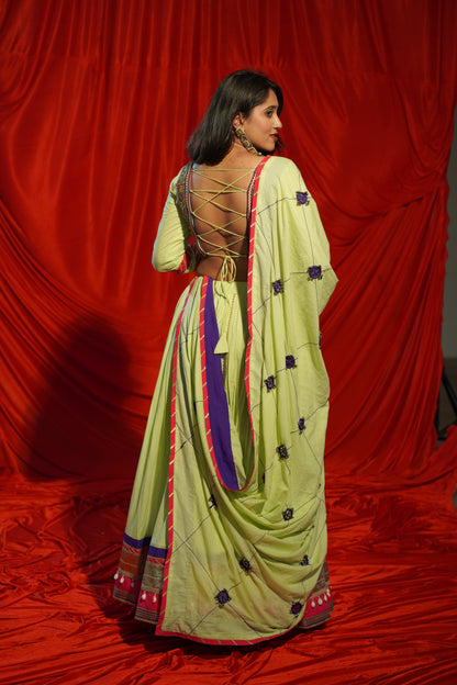 Lime Green Kachi Work Navratri Chaniya Choli with Mirror Dupatta – 12 Meter Flare | 2025 Collection