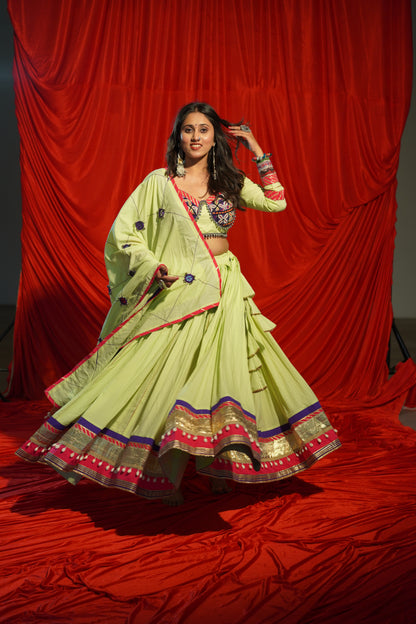 Lime Green Kachi Work Navratri Chaniya Choli with Mirror Dupatta – 12 Meter Flare | 2025 Collection