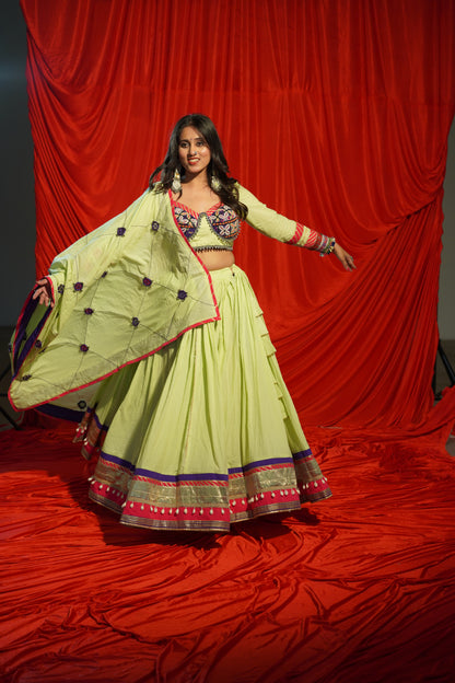 Lime Green Kachi Work Navratri Chaniya Choli with Mirror Dupatta – 12 Meter Flare | 2025 Collection