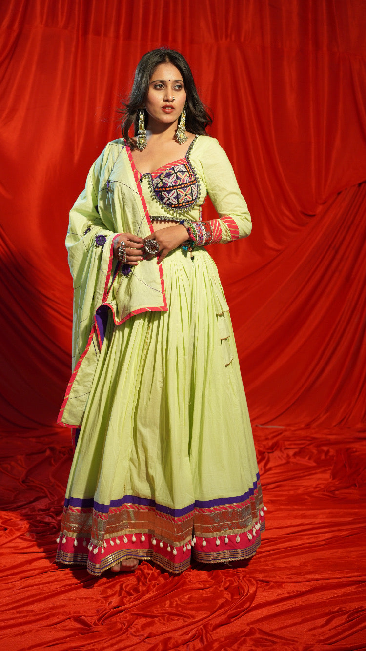 Lime Green Kachi Work Navratri Chaniya Choli with Mirror Dupatta – 12 Meter Flare | 2025 Collection