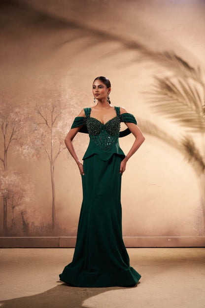 Emerald Crystal Corset Gown with Draped Shoulders – Luxury Evening Wear