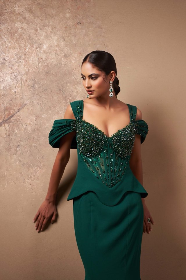 Emerald Crystal Corset Gown with Draped Shoulders – Luxury Evening Wear