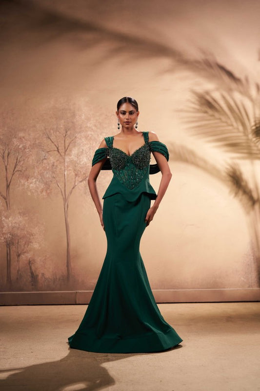 Emerald Crystal Corset Gown with Draped Shoulders – Luxury Evening Wear
