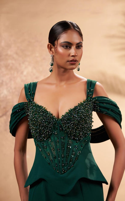 Emerald Crystal Corset Gown with Draped Shoulders – Luxury Evening Wear