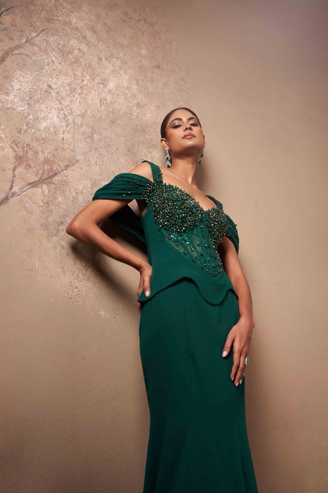 Emerald Crystal Corset Gown with Draped Shoulders – Luxury Evening Wear