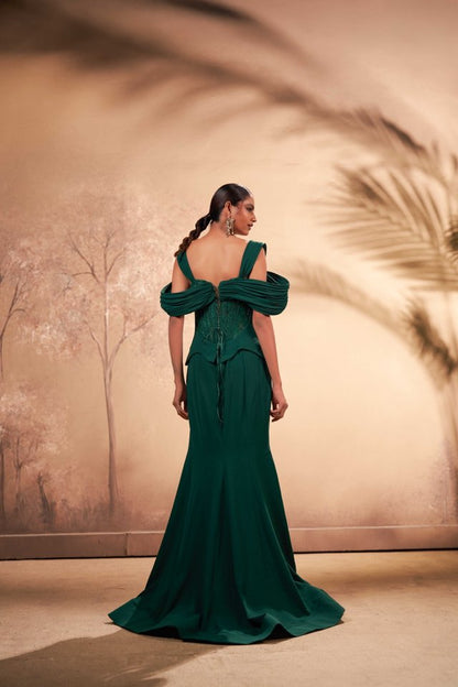 Emerald Crystal Corset Gown with Draped Shoulders – Luxury Evening Wear