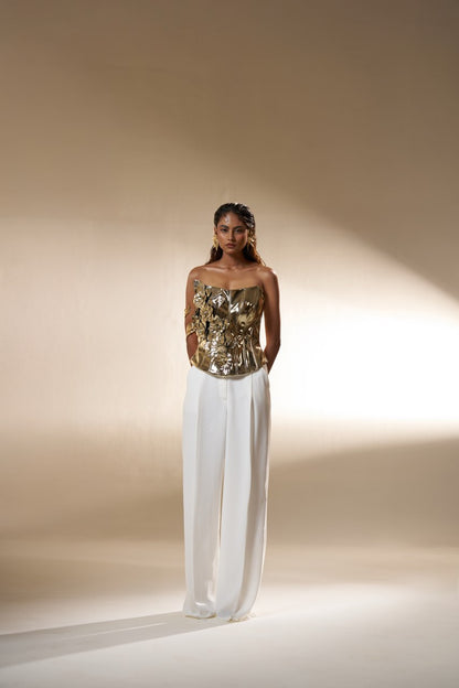 Gold Sculpted Corset Top with Ivory Wide-Leg Pants – Modern Luxury Wear