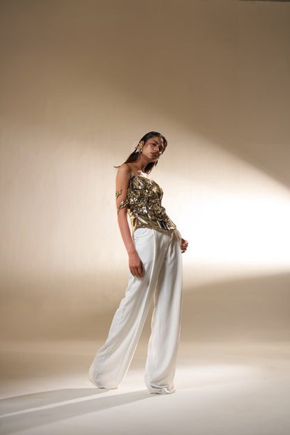 Gold Sculpted Corset Top with Ivory Wide-Leg Pants – Modern Luxury Wear